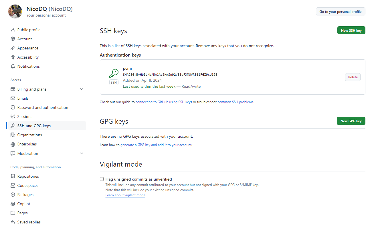Imagen de new ssh key en GitHub 