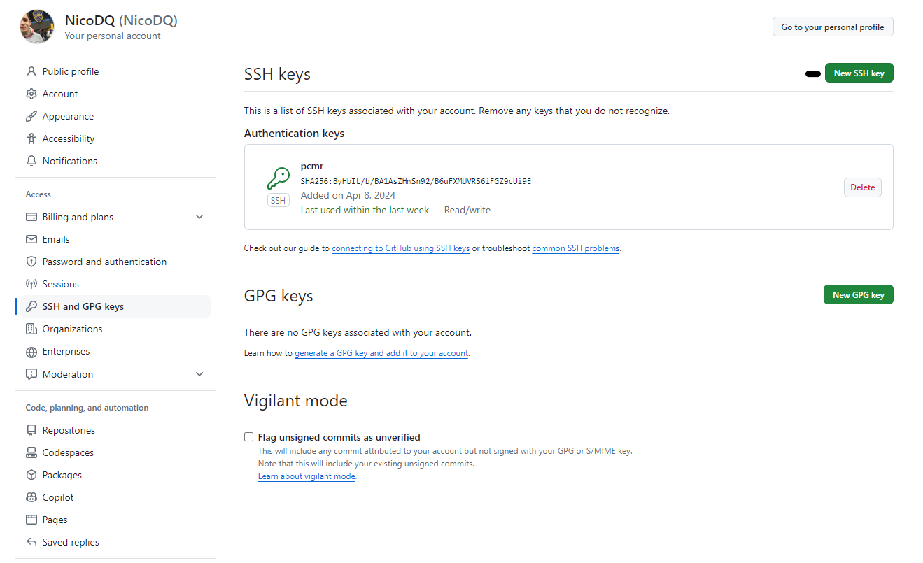 Imagen de new ssh key en GitHub 