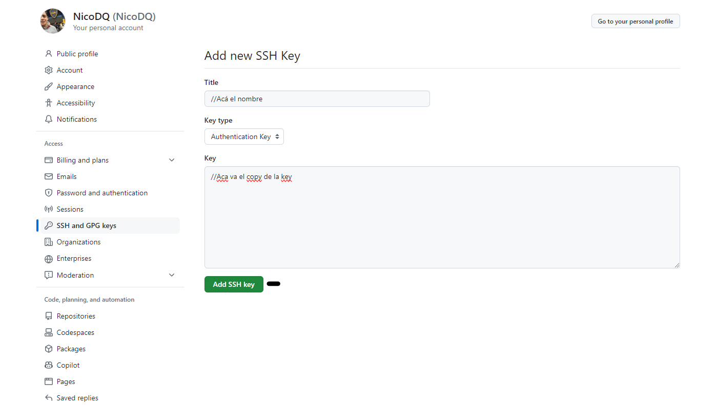 Imagen de new ssh key en GitHub 